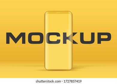 Smartphone layout presentation mockup in yellow color. Example frameless model smartphone with touchscreen. Project application mockup. Vector Illustration