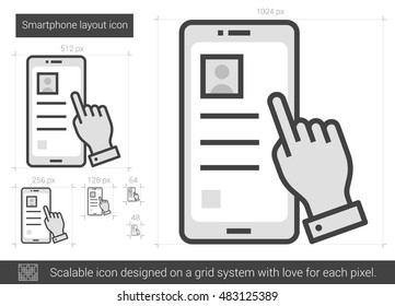 Ícone de linha vetorial do layout do smartphone isolado no plano de fundo branco. Ícone de linha de layout de smartphone para infográfico, site ou aplicativo. Ícone escalável projetado em um sistema de grade.