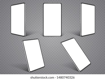 Smartphone layouts from different angles. Mobile phone frames with a blank white display.