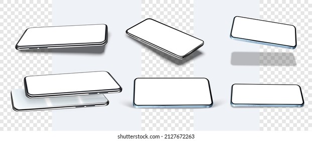 Smartphone-Layouts mit horizontaler Perspektive. Stellen Sie ein generisches Gerät ein. Mobiltelefone mit weißem Bildschirm und transparentem Hintergrund. Vorlage für Infografiken oder Präsentationen. Vektorgrafik