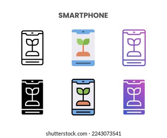 Smartphone with leaf icons vector illustration set line, flat, glyph, outline color gradient. Great for web, app, presentation and more. Editable stroke and pixel perfect.