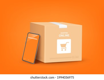 Smartphone leaned against the parcel box with a shopping cart on the box for delivery and shopping online concept design,vector 3d on orange background