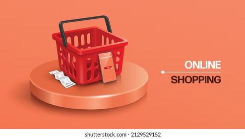 Smartphone leaning against a red shopping basket. and the receipt was placed next to it and all are placed on a round podium,vector 3d isolated on pastel orange background for online shopping concept