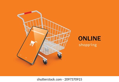 Smartphone leaning against a shopping cart for online shopping and delivery concept design,vector 3d virtual isolated on orange background for advertising design