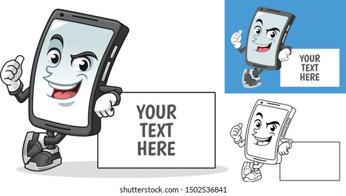 Smartphone Leaning on Empty Board Cartoon Character Mascot Illustration, Including Flat and Black and White Designs, Vector Illustration, in Isolated White Background.