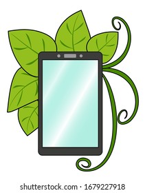 Smartphone with leaves on a white background. Flat phone frame for your design. EPS10 vector illustration