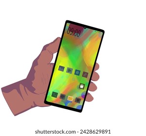 Ein Smartphone in der linken Hand auf weißem Hintergrund