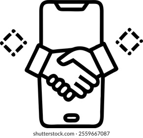 A smartphone levitating over white surface with holographic handshake and shield icons providing copy space concept as Side view of a smartphone floating above a white surface. Surrounding it are glos