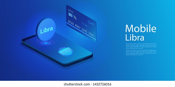 Smartphone with libra word on display. Social network cryptocurrency financial technology. Virtual currency money blockchain tech.Vector illustration