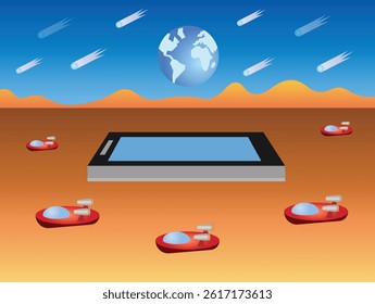 
A smartphone lies in the desert surrounded by spaceships, with mountains and planet Earth in the background