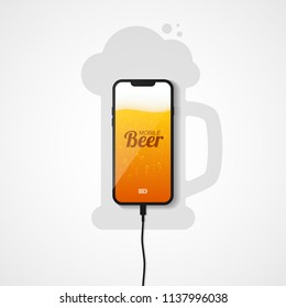 The smartphone lies on the plane connected to the charger. Silhouette of a mug of beer. The phone's screen shows a light beer with bubbles of gas and foam. Vector illustration.