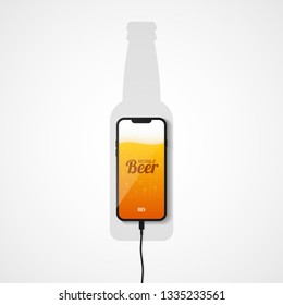 The smartphone lies on the plane connected to the charger. Silhouette of a beer bottle. The phone's screen shows a light beer with bubbles of gas and foam. Vector illustration.