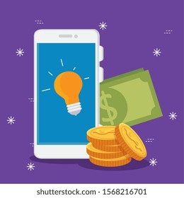 smartphone with light bulb and coins vector illustration design