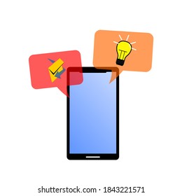smartphone and light bulb and envelope in a bubble of various colors on it