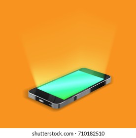 smartphone with light on screen in orange background