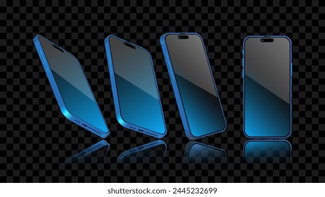 Smartphone light screen with glowing blue background in different angle, Front, side perspective view. The smartphone screen glows in the dark illustrations. Modern cellphone vector.