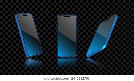 Pantalla de luz de teléfono inteligente con fondo azul brillante en diferentes ángulos, vista frontal, perspectiva lateral. La pantalla del smartphone brilla en las oscuras ilustraciones. Vector de teléfono celular moderno.