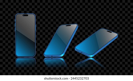 Pantalla de luz de teléfono inteligente con fondo azul brillante en diferentes ángulos, vista frontal, perspectiva lateral. La pantalla del smartphone brilla en las oscuras ilustraciones. Vector de teléfono celular moderno.