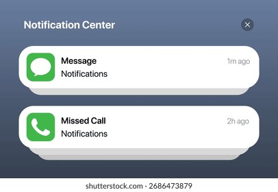 Smartphone light theme push notification mockup vector with alert banners, message icons, notification center, and modern smartphone screen interface for digital communication design