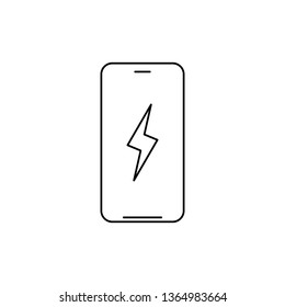 Smartphone with lightning. battery charging linear icon. Thin line illustration. Vector illustration isolated on white background.