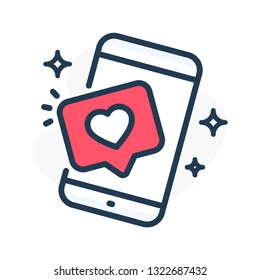 Smartphone With Like Button. Cell Phone With Like And Heart Emoji Speech Bubble. Social Media Like Icon On Mobile Phone. Isolated Vector Illustration.