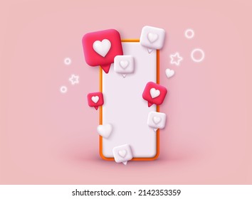 Smartphone con icono de notificación Me gusta. Ilustraciones de vectores Web 3D. 