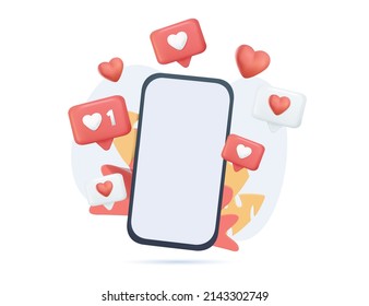 Smartphone with Like notification icon. 3D Web Vector Illustrations. Likes notification icon vector leaving the smartphone on white background. Social media concept. 3D rendering. SMM, marketing.