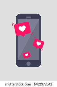 Smartphone with like notifications on the screen. Trendy mobile phone with heart icon in a bubble on the display. Flat vector illustration