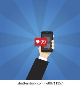 Smartphone with likes counter bubble vector illustration. 