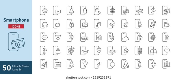 Smartphone Line Editable Stroke Icons Set. Mobile Phone Functions, Settings, Technology, Apps, Security, Shopping, Mobile Wallet, Marketing, Promotion, Communication Collection Vector Illustration.