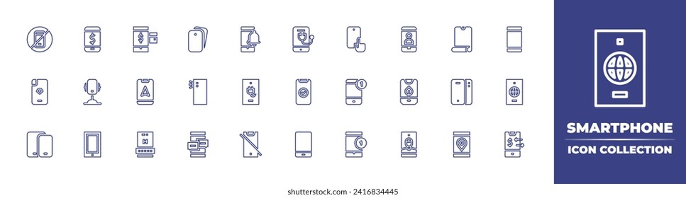 Smartphone line icon collection. Editable stroke. Vector illustration. Containing no smartphones, telemedicine, phone, touch screen, phone case, done, smartphone, notification, smartphones.