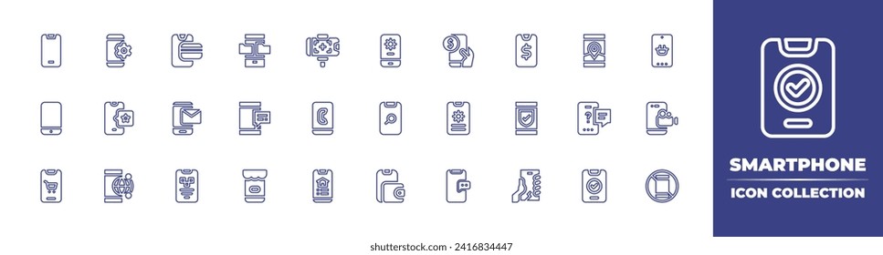 Smartphone line icon collection. Editable stroke. Vector illustration. Containing smartphone, cellphone, software, donation, mobile search, rating, technical support, digital wallet, comment. 