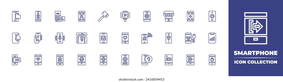 Smartphone line icon collection. Editable stroke. Vector illustration. Containing folder, video recording, smartphone, like, ticket, mobile phone, phone, online store, gps, gift, video player, selfie.
