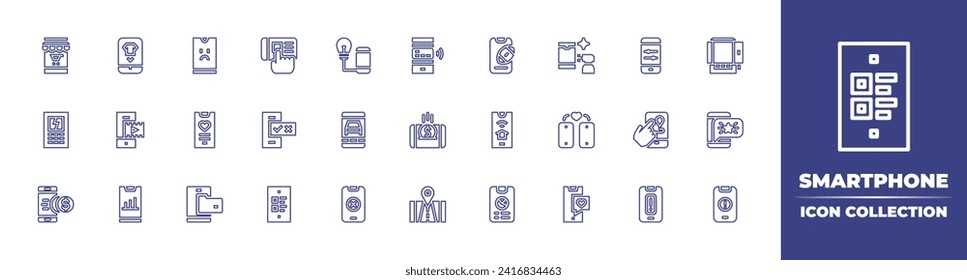 Smartphone line icon collection. Editable stroke. Vector illustration. Containing smartphone, mobile, payment method, message, phone, warning, buy, video player, graphics, ecommerce, remote control.