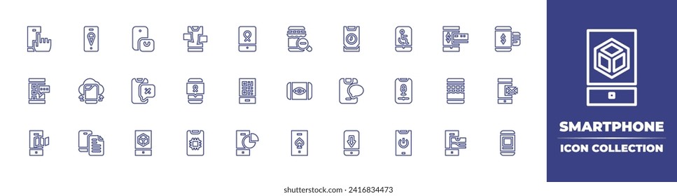 Smartphone line icon collection. Editable stroke. Vector illustration. Containing smartphone, mobile phone, online shop, payment method, ocular unlocking, message, app, cloud storage, document.