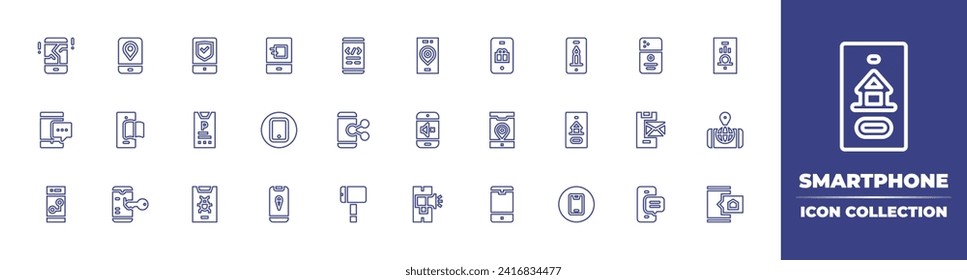 Smartphone line icon collection. Editable stroke. Vector illustration. Containing broken smartphone, smartphone, mobile, mobile marketing, mobile banking.