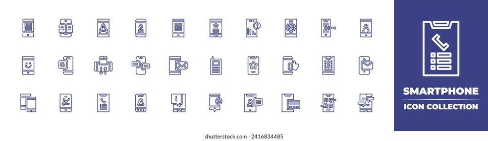 Colección de iconos de la línea Smartphone. Trazo editable. Ilustración vectorial. Contiene smartphone, datos móviles, aplicación, subasta, chat, dinero, videocall, noticias, perfil, correo, correo electrónico, información.