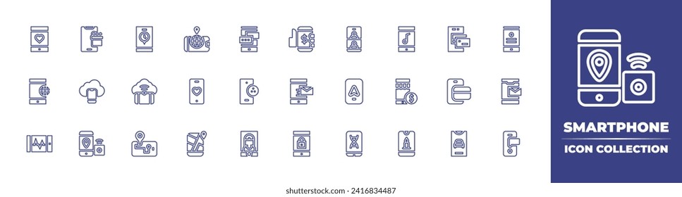 Smartphone line icon collection. Editable stroke. Vector illustration. Containing smartphone, mobile store, cell phone, mobile map, location, credit card, dating app, online payment, gps, car, chat.