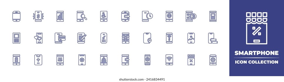 Sammlung von Smartphone-Telefonleitungen Bearbeitbarer Strich. Vektorgrafik. Enthält Smartphone, Handy, Smartphone-Zahlung, Mobilfunknetz, Handy-Store, Handy.