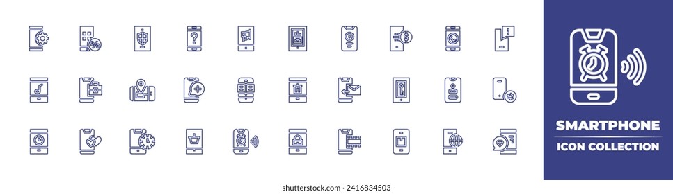 Smartphone line icon collection. Editable stroke. Vector illustration. Containing smartphone, mobile app, mobile payment, cellphone, clock, shipping, support, chat, elections, online shopping, global.