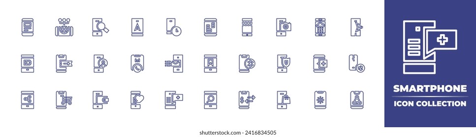 Smartphone line icon collection. Editable stroke. Vector illustration. Containing smartphone, mobile store, route, rain, phone call, help, phone, weather, search, camera, user, shield, wallet.