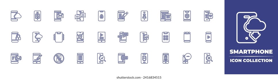 Smartphone line icon collection. Editable stroke. Vector illustration. Containing smartphone, mobile chat, mobile map, vibration, apps, phone, tablet, no phone, gps.