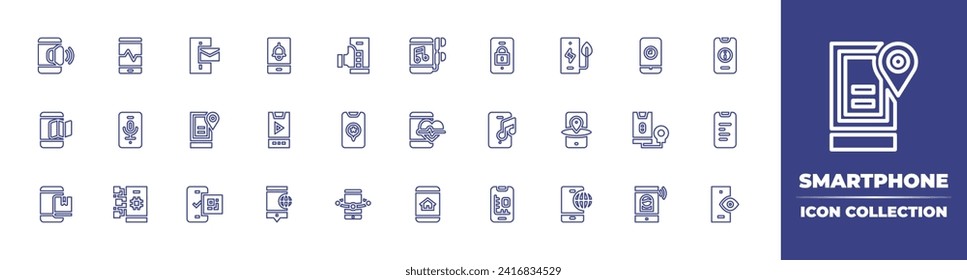 Colección de iconos de la línea Smartphone. Trazo editable. Ilustración vectorial. Contiene smartphone, mensaje, teléfono, ubicación, gps, código qr, navegador.
