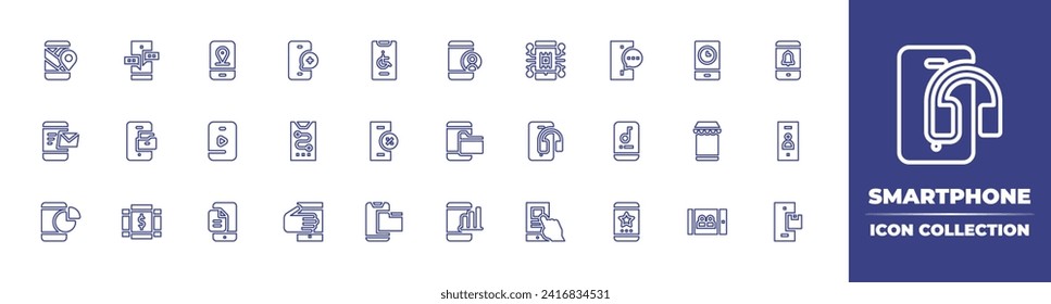 Colección de iconos de la línea Smartphone. Trazo editable. Ilustración vectorial. Contiene smartphone, móvil, marketing móvil, gps, mensaje, reproductor de video, aplicación de música, archivo, estrella.