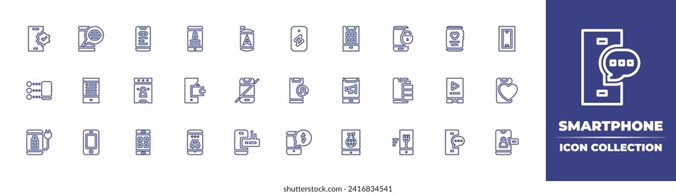 Smartphone line icon collection. Editable stroke. Vector illustration. Containing smartphone, mobile app, cellphone, mobile banking, mobile phone, no smartphones, app, padlock, voting, battery.