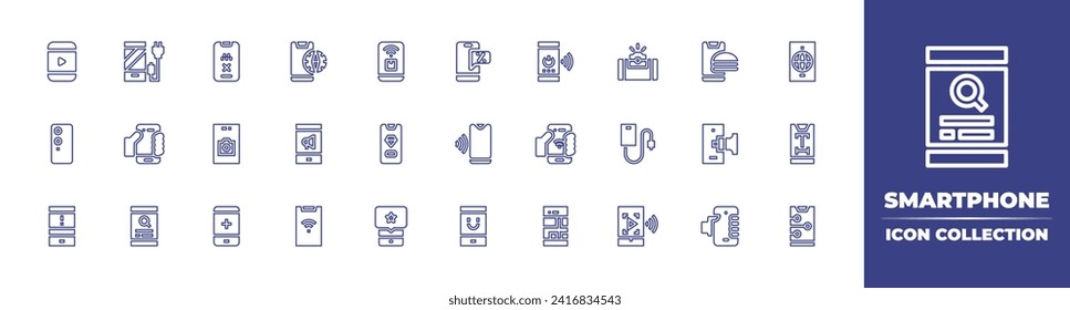 Sammlung von Smartphone-Telefonleitungen Bearbeitbarer Strich. Vektorgrafik. Enthält Smartphone, Handy, Mobile Marketing, storniert, Selfie, Kamera, Gerät, Telefon, Video.