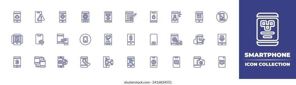 Smartphone line icon collection. Editable stroke. Vector illustration. Containing smartphone, mobile, mobile phone, phone, selfie, responsive, email, internet, speech bubble, taxi, no phone, app.