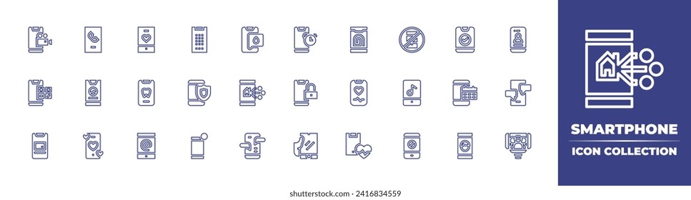 Colección de iconos de la línea Smartphone. Trazo editable. Ilustración vectorial. Conteniendo smartphone, pago móvil, teléfono móvil, móvil, teléfono, sin teléfono, odontológico, aplicación de música, arroba, no molestar.