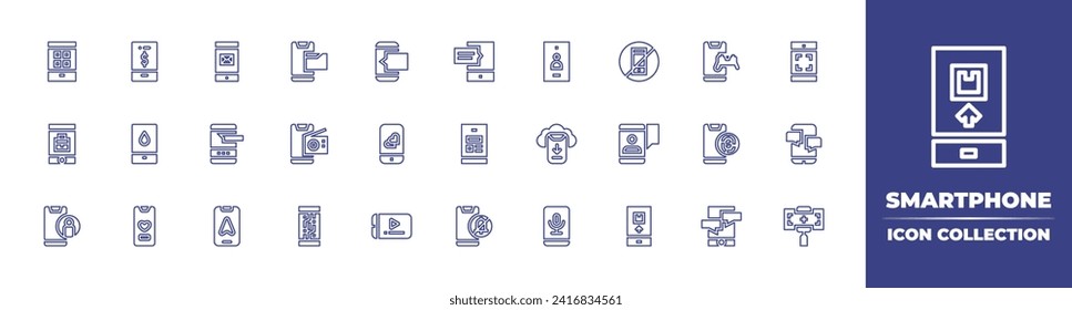 Colección de iconos de la línea Smartphone. Trazo editable. Ilustración vectorial. Conteniendo móvil, smartphone, teléfono móvil, correo electrónico, sin teléfono, chat, navegación, banca, aplicación de citas, foto, video, conversación.