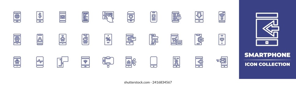 Smartphone line icon collection. Editable stroke. Vector illustration. Containing smartphone, mobile, mobile phone, email, padlock, smart home, online shopping, chat, phone call, ipad, nfc, phone.